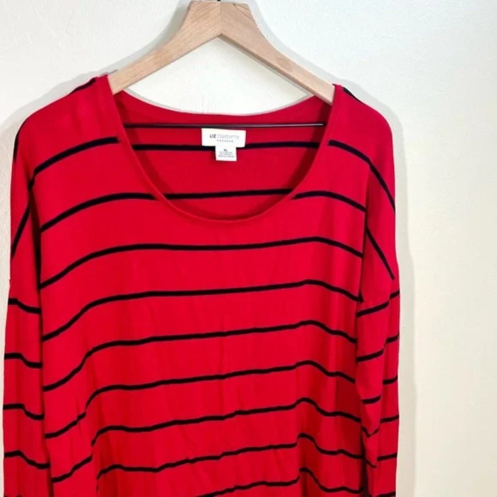 Liz Claiborne Weekend Scoop Neck Knit Long Sleeve Red With Black Stripes Stretch - Picture 2 of 6